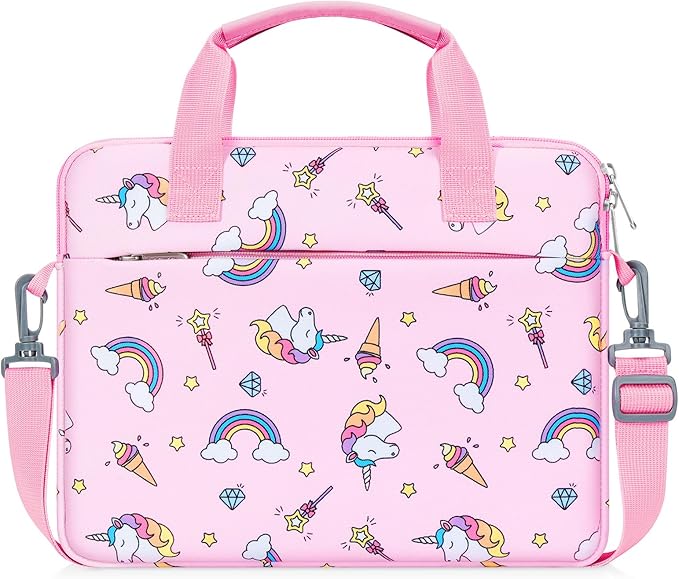 MoKo 10-12.5 Inch Kids Tablet Sleeve Carrying Case for Fire HD 10 13th/11th Gen, Fire HD 8/7 Kids 2022, Tablet Bag with Shoulder Strap for 10/10.1 Inch Android 12/13, Pink Unicorn