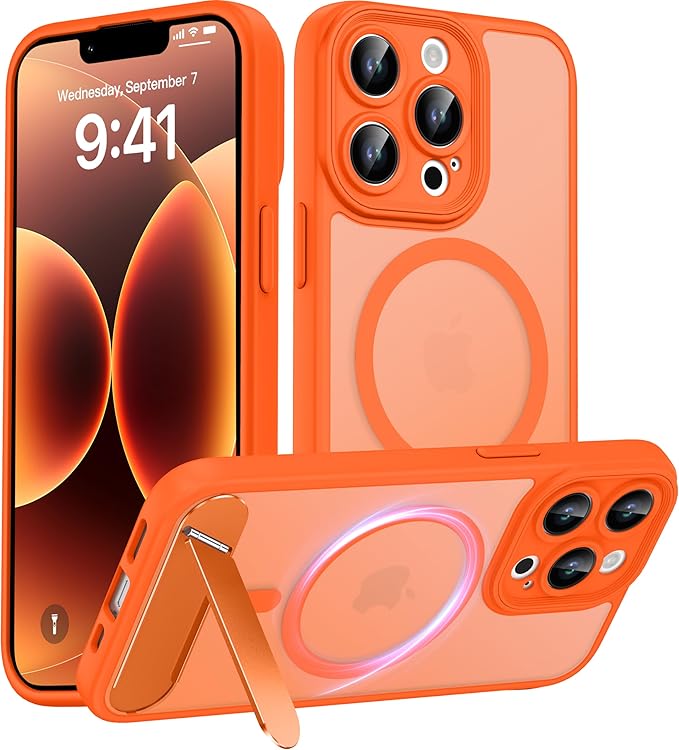 Magnetic Compatible with iPhone 13 Pro Case, [Built-in Kickstand][Full Camera Protection][Compatible with MagSafe][Anti-Fingerprint] Shockproof Phone Case for iPhone 13 Pro 6.1",Orange
