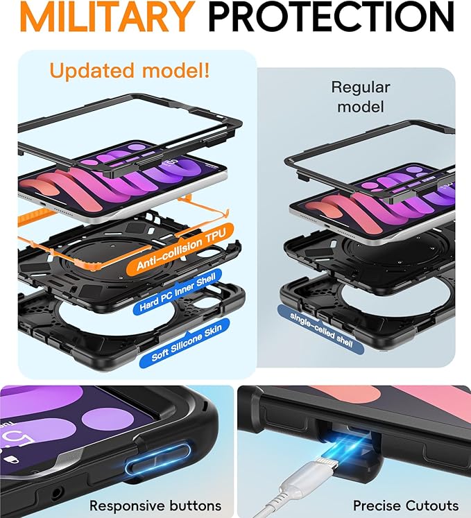 BATYUE Case for iPad mini 7 A17 Pro 2024/iPad Mini 6 2021 8.3 Inch with Pencil Holder, 360 Rotating Stand, Shoulder Strap, Handle Grip, Shockproof Rugged Case for iPad mini 7th/6th Gen, Black