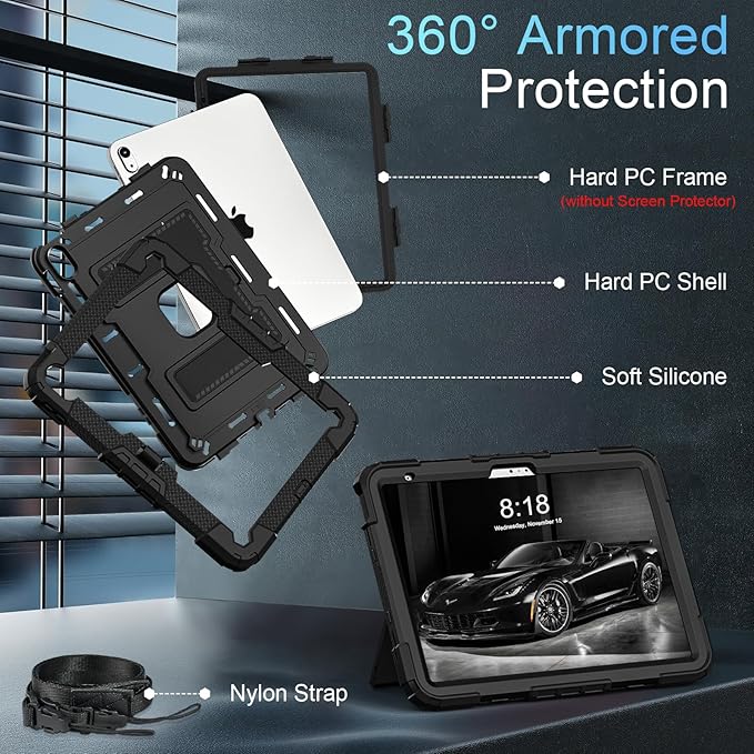 for iPad 11 Inch (A16) 11th /10th Generation 10.9 Inch iPad Case 10th Generation with Shoulder Strap,Heavy Duty Shockproof Cover for i Pad 11th/10th Gen,Black