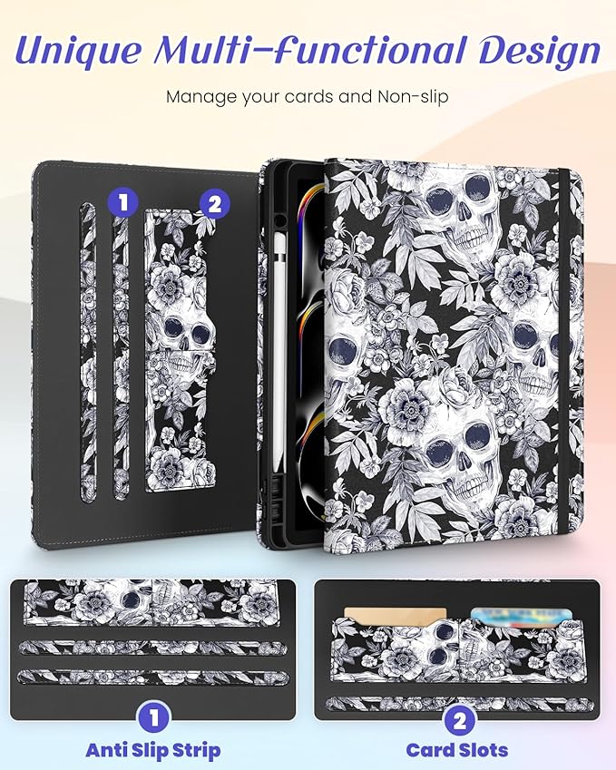 Kidcube for iPad Pro 13 Inch Case M4 2024 - Women Girl Cute Rotating Stand Folio Cover with Pencil Holder & Card Slot Flower Goth Skull Unique Design for iPad Pro 13 Inch Case 2024 (A2925 A2926 A3007)
