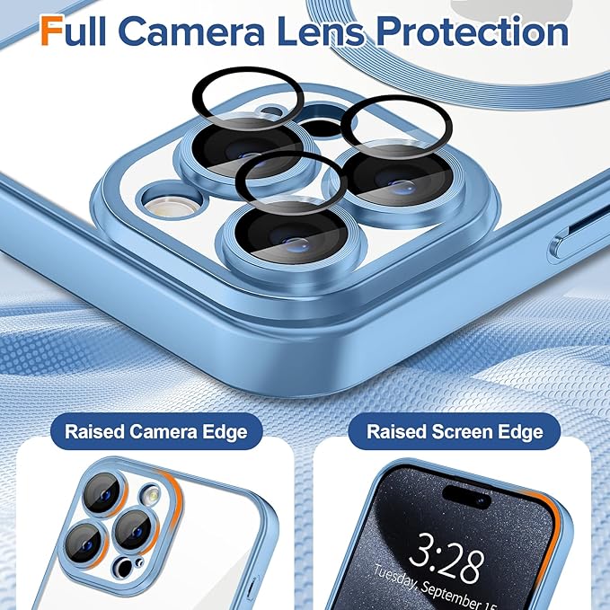 Hython Magnetic Clear for iPhone 15 Pro Max Case with Camera Lens Protector [Compatible with MagSafe] Plating Edge Slim Soft TPU Cover Protective Phone Case for iPhone 15 Pro Max, Matte Light Blue