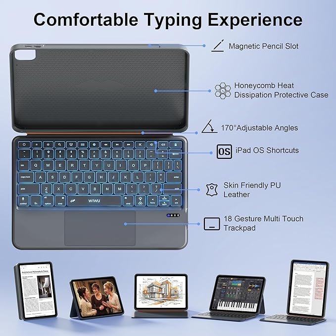 WIWU for iPad Case with Keyboard Air 11 Inch M4 2026 A16 10th Gen Magnetic Detachable Keyboard Case Adjustable Stand Backlit Keys Touchpad (Grey, for iPad 11/10/Air 5/4/11"(M2/M3/M4) Pro 11" 4/3/2/1)