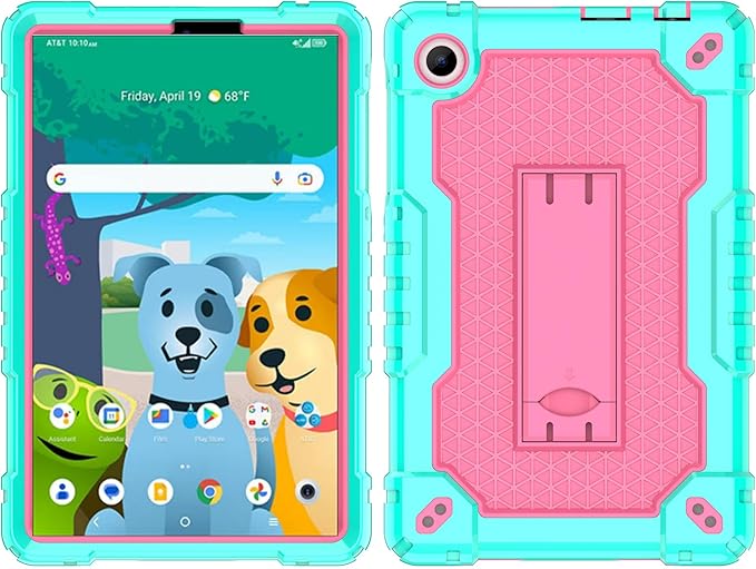 Case for for AT&T Amigo Jr. Tab 8 inch Tablet 9136K - with 2PCS Screen Protector,[Built-in Kickstand] Anti Slip Kids Friendly Shockproof Silicone Protective Cover (Green/Pink+2 PCS Glass)