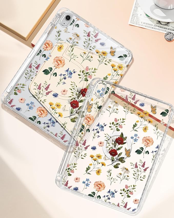 Shorogyt for iPad A16 11th Generation 11 inch 2025 /for i Pad 10th Generation case Magnetic Stand for Women - Cute Design 360 Degree Rotating Covers Girls Kids with Pencil Holder,Retro Flower
