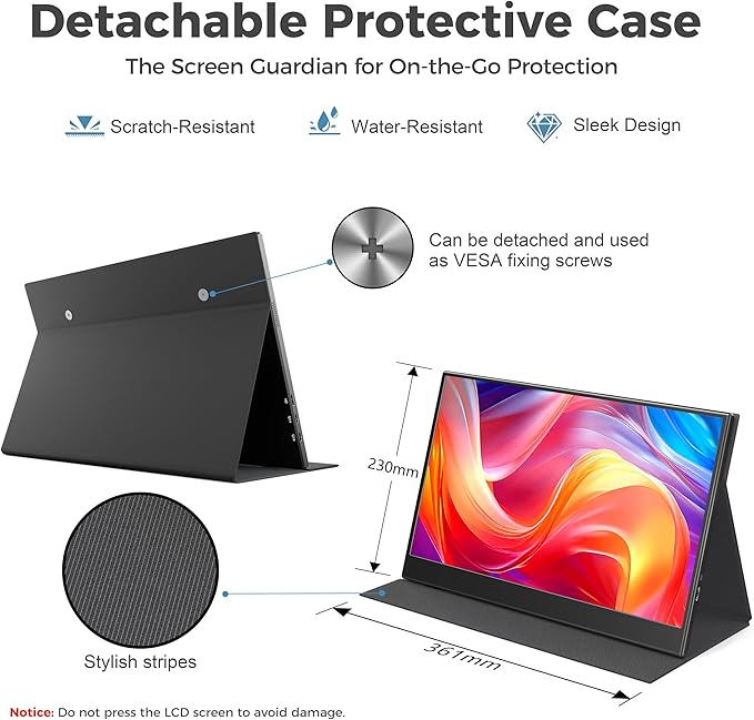 UFYQL Portable Monitor for Laptops - 15.6 -inch FHD 1080P IPS Screen, Built-in Speakers, USB-C/HDMI, Includes Protective Case, Compatible with Laptops, MAC, PC, Phones, PS4/5, Xbox, Switch