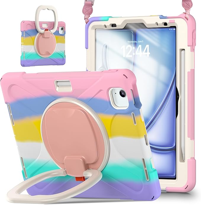 TSQQST Case for iPad Air 11 Inch M4 2026/M3 2025/M2 2024, Cover for iPad Air 5th 4th Generation 10.9"/Pro 11 4th/3rd/2nd/1st Heavy Duty Shockproof Case w/Screen Protector+Handle Grip+Strap, Rainbow