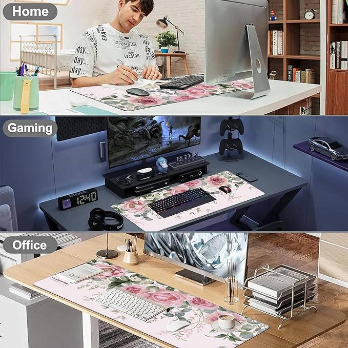 XXL Mouse Pad, Pink Peony Flowers Eucalyptus Green Leaves Large Desk Mat for Desktop, Extended Large Gaming Mouse Pad Mouse Mat with Non-Slip Rubber Base Stitched Edges for Home Office 35.4"X15.7"