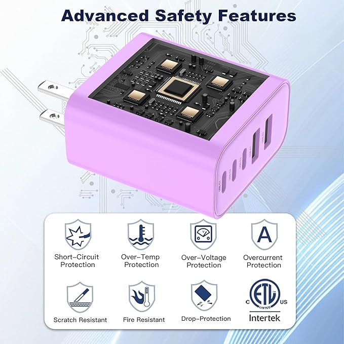 USB C Charger Block, 60W 5 in 1 Charging Blocks, PD 3.0 Fast Charger, QC 2A Purple Wall Plug Multiport Type C Charging Block for iPhone 17 16 15 14 13 12 Pro Max, iPad, iPod, Samsung, AirPods Pro