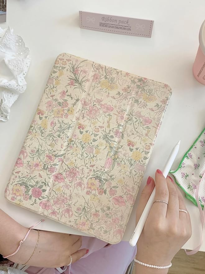 Auto Sleep/Wake Adjustable Stand Leather Folio Case with Kickstand Stylus Holder for Apple iPad 10.2-inch 9 9th Generation 2021 Yellow Flowers Floral Vintage Classic Warm Cute Special Girls Women