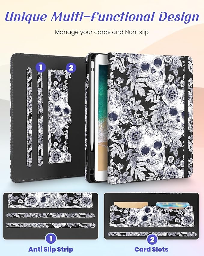 Kidcube for iPad 5th Generation Case 2017/Air 1st 2013/Pro 9.7 Inch Case 2016 - Women Girls Kids Cute Rotating Stand Folio Cover with Pencil Holder & Card Slot Flowers Goth Skull Unique Design Cover