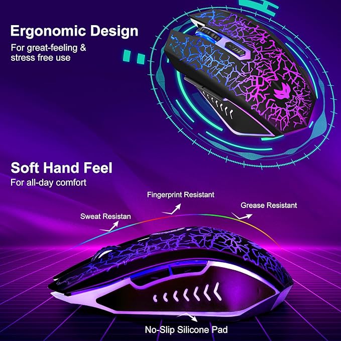 Wireless Gaming Mouse, Rechargeable Wireless Computer Mouse, 7-Color LED Light, Ergonomic Mouse with 6 Silent Click Buttons, 3 Adjustable 2400 DPI Wireless Mouse for Laptop,PC,Mac, Black