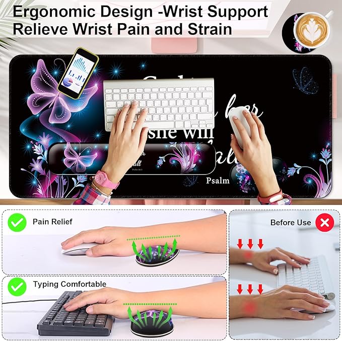 Keyboard Wrist Rest + Mouse Pad with Wrist Support + Desk Mat + Coaster 4 in 1 Set,Desk Matt for Desktop,Cute Large Gaming Ergonomic Mousepad for Computer Laptop Office Home Decor-Purple Butterfly