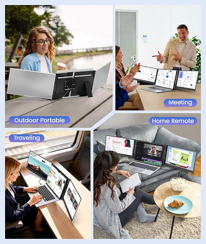 One Cable Laptop Screen Extender, 15.6” Ultra-Slim Triple Portable Monitor, 1080P FHD IPS Display, USB-C/USB-A Connection, Travel Monitor for 13–17.3" Laptops, MacOS/Windows/Android