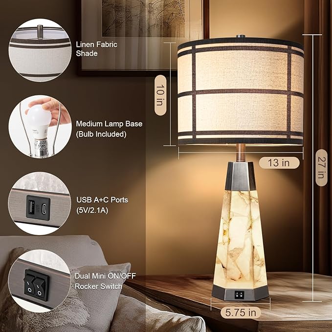 KIVDITZO 27" Alabaster Table Lamps for Living Room, Bedroom Lamps Set of 2 with Night Light, Living Room Lamps with USB A+C Ports, Table Lamp with Linen Shade for Bedside (Bulbs Included)