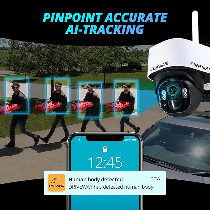Defender 4G LTE 2K+ AI Frontier PTZ Wireless Outdoor Security Camera, 2 Pack, 5W Solar Panel, 360° AI Tracking, Deterrence, 2 Way Talk, 9400maH Battery, Works with Empower App, eSIM Included