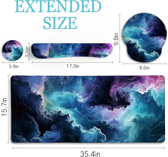 LIMKRIAN Galaxy Mouse Pad Set Large Desk Matt for Desktop, Ergonomic Mouse Pad with Wrist Rest, Gaming Mousepad Wrist Support Keyboard Mat Cup Coaster Set Cute Office Desk Decor Accessories