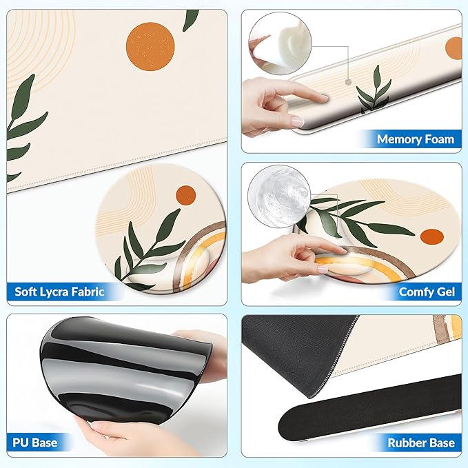 Desk Mat Set + Keyboard and Mouse Pad with Wrist Rest Support,4-in-1 Large Mousepad Computer Mats for Desktop Home & Office-Boho Leaves