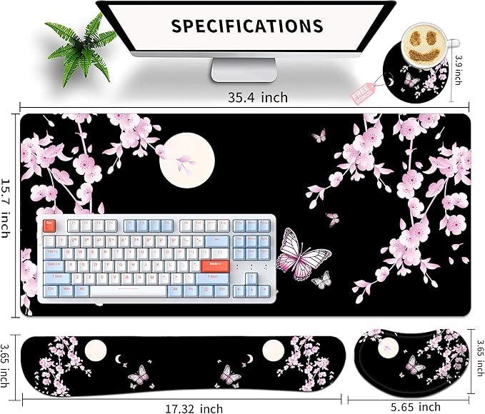 Large Gaming Mouse Pad Set 35.4 x 15.7 with Keyboard Wrist Rest, Wrist Support, and Coaster Memory Foam Smooth Desk Pad Mousepad for Home Office School - Cherry Blossom Moon