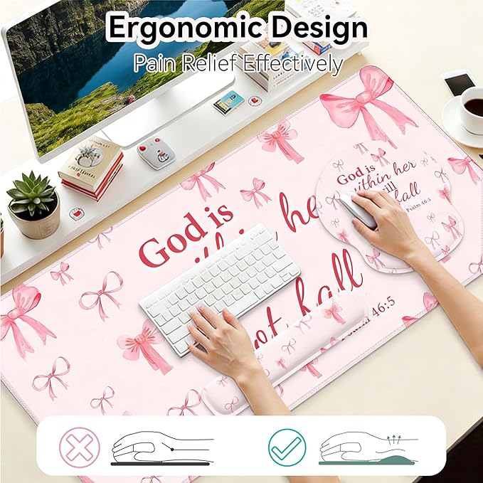 Desk Mat Set + Keyboard and Mouse Pad with Wrist Rest Support,4-in-1 Large Mousepad Computer Mats for Desktop Home & Office-Pink Bowtie