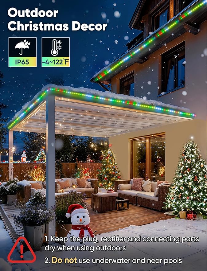 33FT Outdoor LED Strip Lights RGB+IC with Warm&Cool White, ETL Listed Music Sync Light Strip AC 120V, IP65 Waterproof and Connectable, for Party Festival Eave Porch Patio Every Day Decor