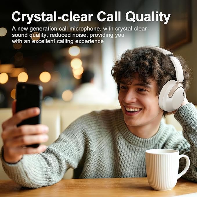 LORELEI QC30 Hybrid Active Noise Cancelling Headphones,Over-Ear Wireless Bluetooth,Beige Protein Leather, Active Noise Control & Transparency Mode,Deep Bass, Built-in Mic