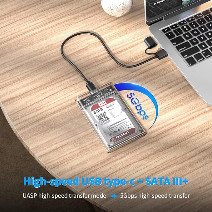 ELUTENG 2.5 SSD Enclosure 5Gbps Hard Drive Case Tool Free SATA to USB 3.1 Solid State Drive Enclosure USB C SSD HDD Enclosure Max 4TB Support UASP for 2.5 Inch SSD & HDD for WD Seagate Samsung