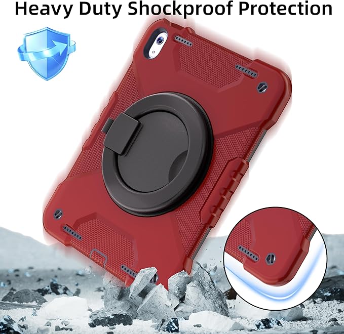 Andnary Case for iPad (A16) 11th Generation 11 inch 2025/10th Generation 10.9 inch 2022, Shockproof Cover with Screen Protector/360° Rotate Handle/Bracket/Pen Holder/Shoulder Strap (Red+Black)