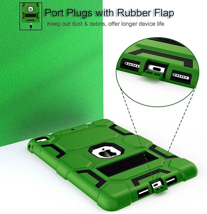 CCMAO iPad 6th Generation Cases, iPad 5th Generation Case, iPad 9.7 Case, iPad Air 2 Case, Hybrid Shockproof Rugged Drop Protection Case Built with Kickstand, Green+Black