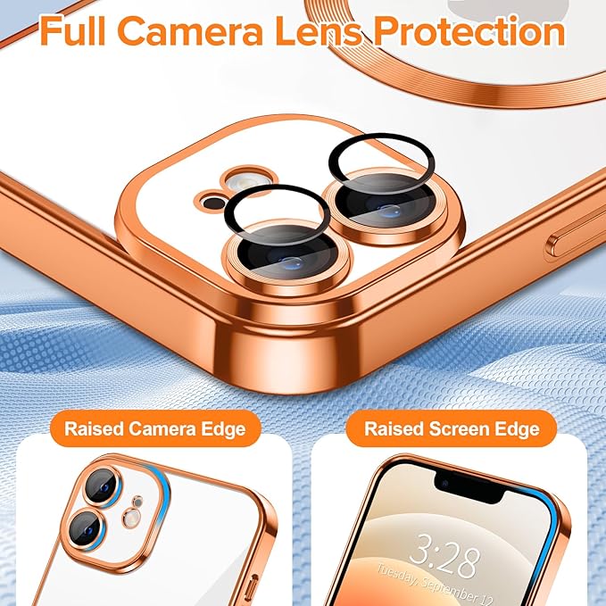 Hython Magnetic Clear for iPhone 12 Case with Camera Lens Protector [Compatible with MagSafe] Luxury Plating Edge Slim Soft TPU Cover Protective Phone Case for iPhone 12 6.1", Orange