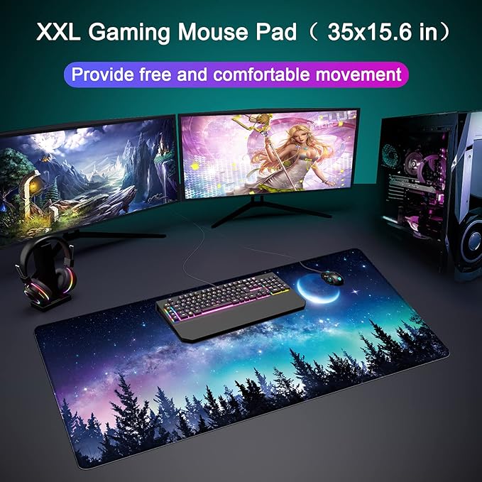 Desk Mat,Large Mouse Pad 35''×15.6'' XXL Extended Gaming Mouse Pad Mat with Non-Slip Base Stitched Eges Mousepad for Computer,Office,Keyboard and Laptop - Forest Moon