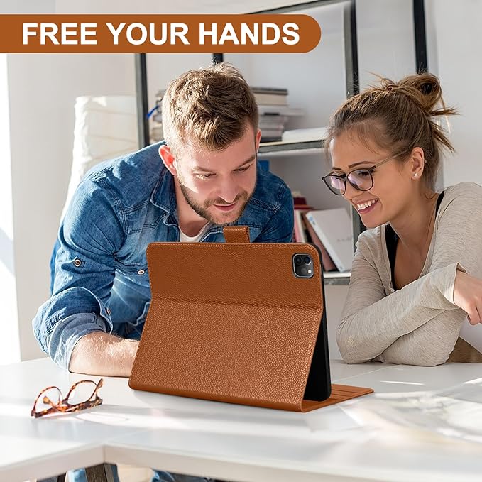 Genuine Leather Case for iPad Pro 11 Inch 4th/3rd/2nd/1st Generation 2022/2021/2020/2018 | with Pencil Holder and Adjustable Stand, Magnetic Closure, Auto Wake/Sleep Cover | Brown