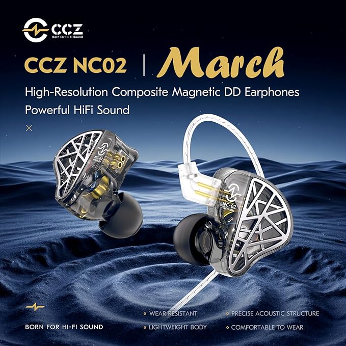 CCZ NC02 in Ear Monitors, Wired Gaming Earbuds, Deep Bass Wired Ear buds without Microphone, 1DD HiFi IEM inear Headphones, IEMs for Gaming Music Singer Drummer, Tangle-free Cable (Black, without Mic)