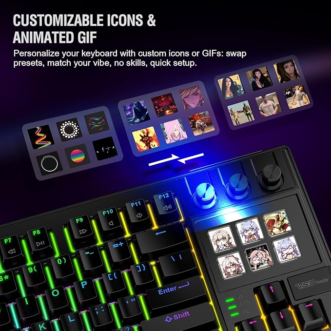 K1 Pro Macro Keyboard, Wired Only Full-Key Programmable On-Board Keypad, Custom Gaming Streaming Mechanical Keyboards with Screen & Knob, Gasket, RGB Backlit, Hot Swappable Shortcut Pad