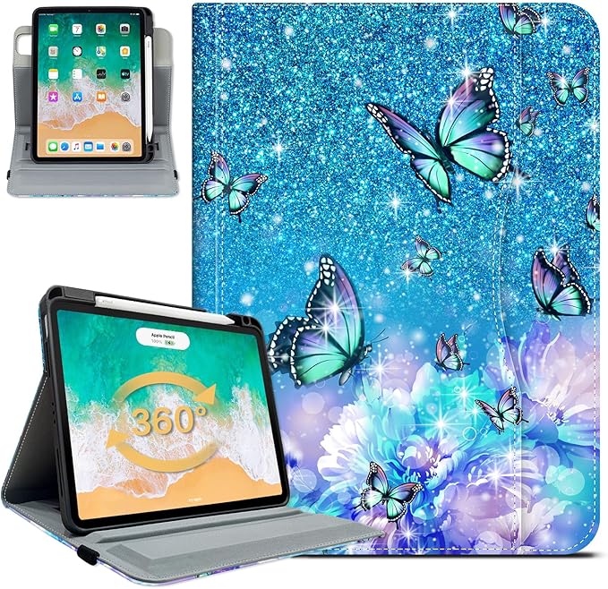 Rotating iPad Air 11-Inch Case M4/M3/M2, Case for iPad Air 5th/4th Generation 10.9 Inch,360 Swivel Multi-Angle Adjustable Stand Pencil Holder/Pocket/Hand Strap iPad Pro 11-inch case Flowers Butterfly