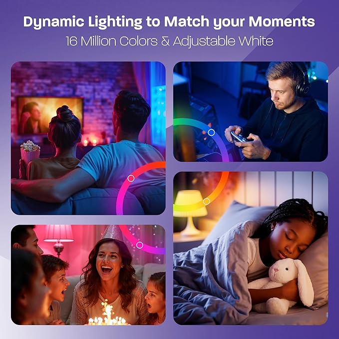Smart Light Bulbs, Dimmable Color Changing LED RGBW, Compatible with Alexa & Google Home, WiFi 2,4GHz & Bluetooth A19 E26, 9W 800LM 60W Equivalent, Music Sync, No Hub Required, 4 Pack