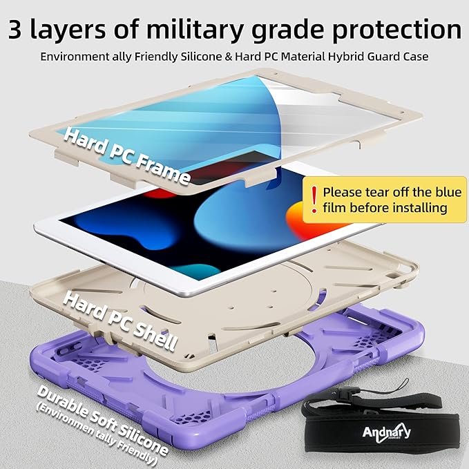 Andnary Case for iPad 9th/8th/7th Generation 10.2 inch, Shockproof Cover with Screen Protector/360° Rotating Handle/Bracket/Pen Holder/Shoulder Strap, Kids Case for iPad 2021/2020/2019 (Purple)