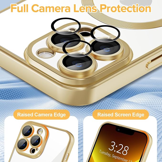 Hython Magnetic Clear for iPhone 13 Pro Max Case with Camera Lens Protector [Compatible with MagSafe] Plating Edge Slim Soft TPU Cover Protective Phone Case for iPhone 13 Pro Max 6.7", Matte Gold