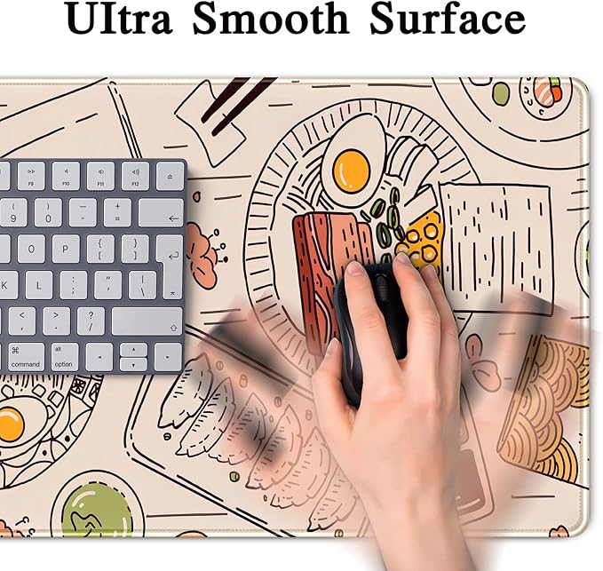 Japanese Ramen Sushi Food Desk Mat Beige XL Mouse Pad Large Full Desk Mousepad Gaming Extended Keyboard Mouse Mat Desk Pad for Computer Laptop 31.5''X15.7'' Non-Slip Rubber Base with Stitched Edges