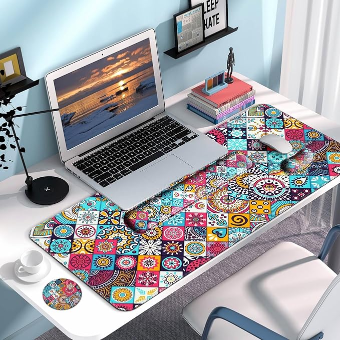 Keyboard Wrist Rest + Mouse Pad with Wrist Support + Desk Mat + Coaster 4 in 1 Set, XXL Large Gaming Mousepad Cute Ergonomic Mouse Pads for Desk Computer Laptop Office Decor-Mandala