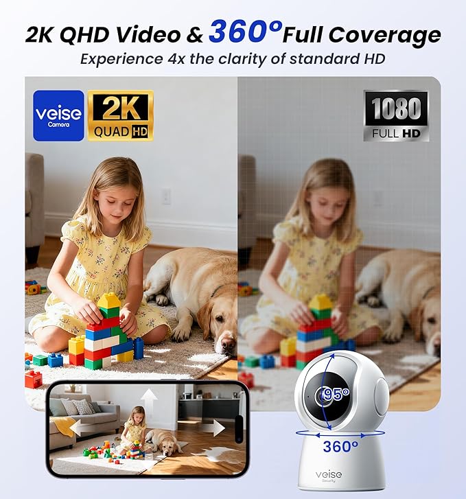 Veise 2K Indoor Camera for Home Security, 360° Wireless WiFi Pet & Baby Monitor with Phone App, AI Motion Detection, 2-Way Audio, Night Vision, SD/Cloud Storage, Works with Alexa & Google Home, 2.4GHz