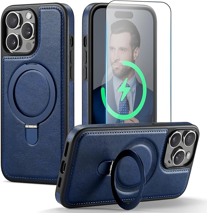 Compatible with iPhone 15 Pro Case with Stand, Compatible with MagSafe, Slim PU Leather & Durable TPU Protective Cover Drop-Proof with Tempered Glass Screen Protector 6.1", Blue