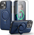 Compatible with iPhone 15 Pro Case with Stand, Compatible with MagSafe, Slim PU Leather & Durable TPU Protective Cover Drop-Proof with Tempered Glass Screen Protector 6.1", Blue
