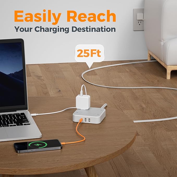 TESSAN Surge Protector Flat Extension Cord 25Ft, Flat Plug Power Strip with 4 Outlets 3 USB Ports (1 USB C), 900 Joules Protection, Multiple Wall Outlet Extender Suitable for Home Office Dorm, Grey