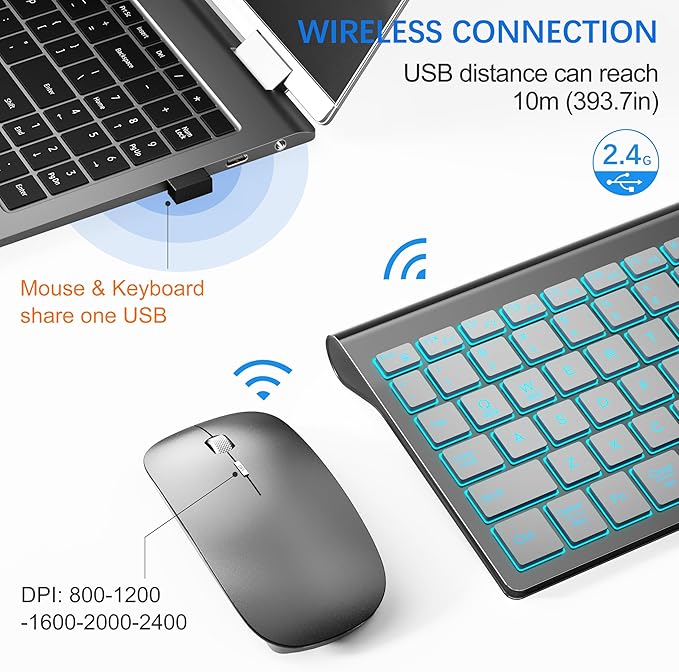 TopMate Wireless Keyboard and Mouse Ultra Slim Combo, 2.4G Silent Compact USB 2400DPI Mouse and Scissor Switch Backlit Keyboard Set, for PC/Laptop/Windows/Mac/Gaming - Gray Silver