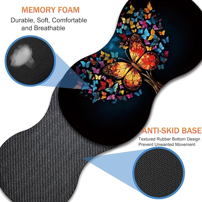 Extended Non-Slip Mouse Pad + Mouse Wrist Rest + Lace-Shaped Coaster Set, Ergonomic Design, Suitable for Desk and Home Gaming Table Mat, Colorful Tree Butterfly