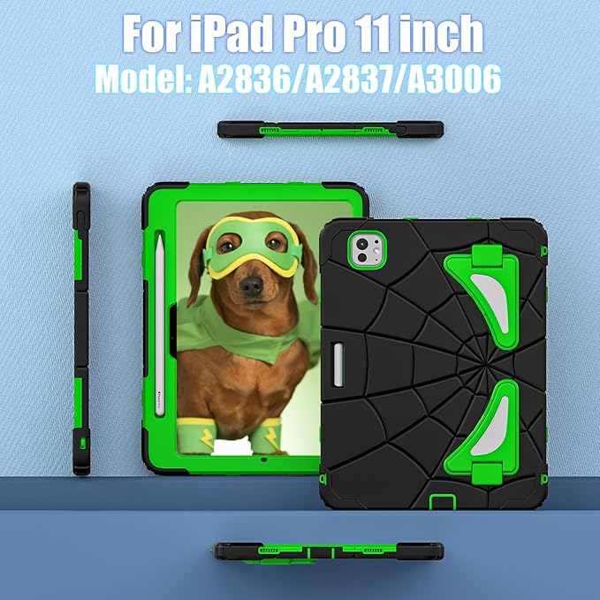 AKABEILA Compatible with Apple iPad Pro 11(2024) 11 inch Tablet Case，Lightweight Shockproof Rugged Protective Cover with Kickstand for Kids Children Boys Babies Dark Green