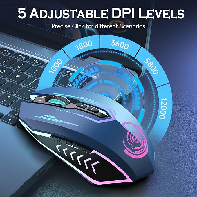 UHURU Gaming Mouse, Wireless Gaming Mouse with 7 Buttons 7 Changeable LED Color up to 12000 DPI, Rechargeable USB Gamer Mouse for PC Laptop (Blue)