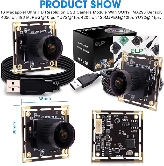 16MP 4K USB Camera with 170 Wide Angle Lens - 3496P Tiny Embedded Camera Board for Industrial, Machine, OpenCV, UVC, Video, Raspberry Pi, Jetson Nano