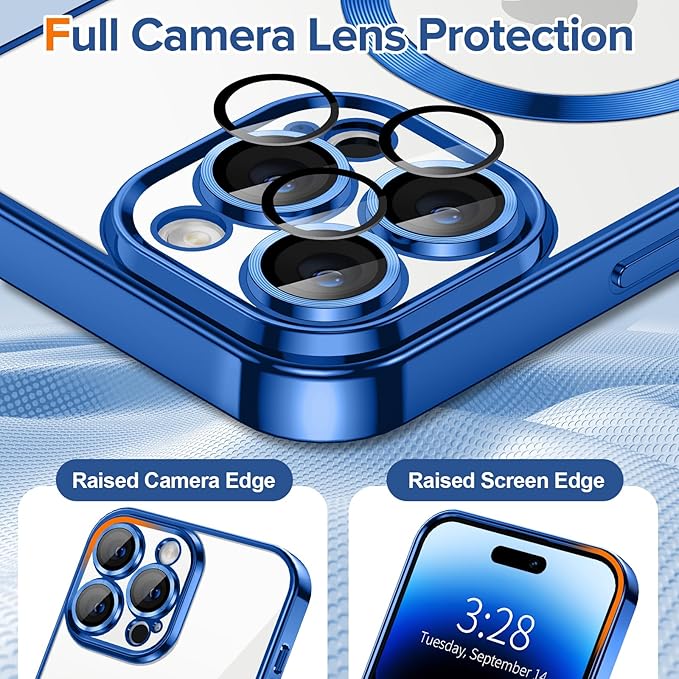 Hython Magnetic Clear for iPhone 14 Pro Case with Camera Lens Protector [Compatible with MagSafe] Luxury Plating Edge Slim Soft TPU Cover Protective Phone Case for iPhone 14 Pro 6.1", Deep Blue